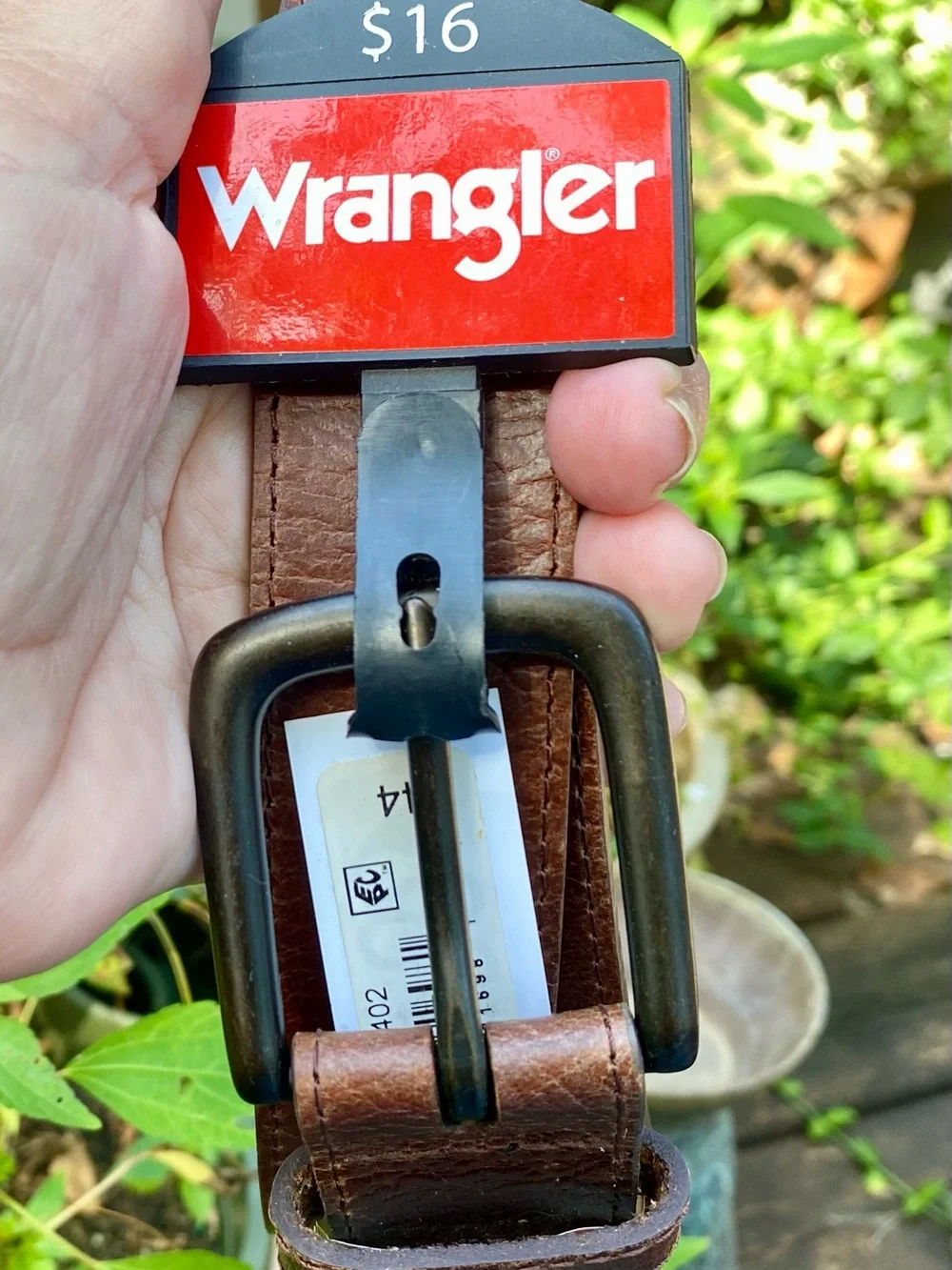 Wrangler Brown Leather Belt with Metal Buckle, New on Hang Tag